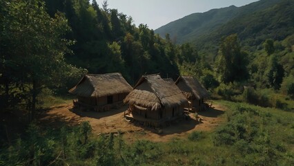 Aerial view of traditional thatched roof huts nestled in a lush green valley surrounded by mountains