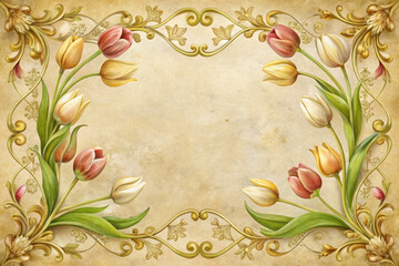 Vintage Victorian style floral frames with tulips. Festive vintage textured background perfect for wedding invitations, anniversaries, celebrations to add romantic elegance to your designs