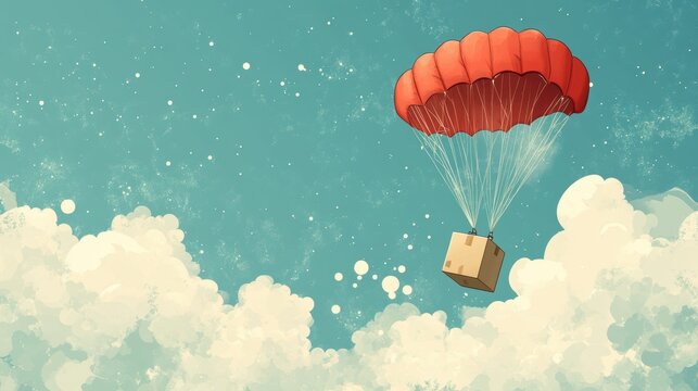 A Box flying on a parachute with pink cloud,vector illustration of package flying down from sky and cloud with parachute, concept for delivery service,shopping online,air delivery service.