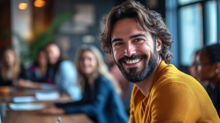 Fototapeta premium Smiling Man Among Blurred Colleagues in Meeting