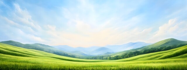 Obraz premium Tranquil Meadow Landscape with Lush Hills and Wispy Clouds in Warm Natural Sunlight