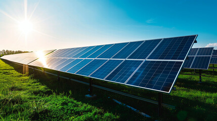 Field of solar panels under a clear, sunny sky. The panels are lined up in rows, capturing sunlight to convert it into renewable energy.