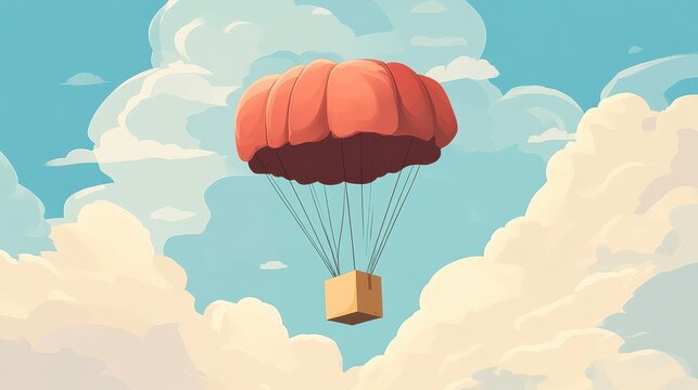 A Box flying on a parachute with pink cloud,vector illustration of package flying down from sky and cloud with parachute, concept for delivery service,shopping online,air delivery service.
