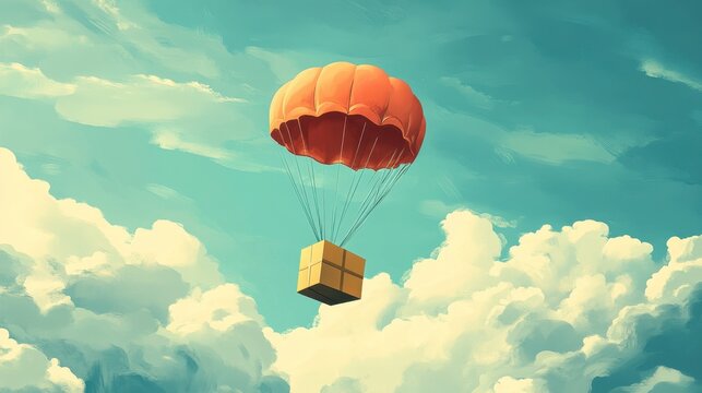 A Box flying on a parachute with pink cloud,vector illustration of package flying down from sky and cloud with parachute, concept for delivery service,shopping online,air delivery service.