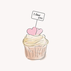 Cupcake with cream and pink  heart in doodle style. Vector engraved with lettering wishes I Love You.