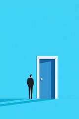 A man stands in front of a blue door