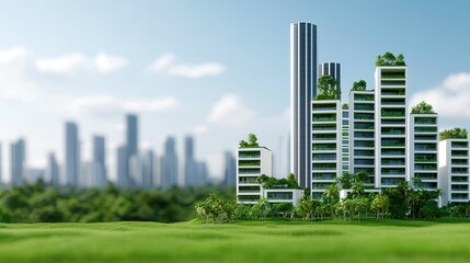 Fototapeta premium Modern eco-friendly buildings with greenery, lush landscape, blue sky background.