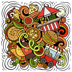 Fastfood vector doodles illustration. Fast food design. Unhealthy food elements and objects cartoon background