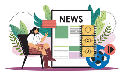 Woman read news. Young girl reading articles near huge tablet. Mass media and journalism. Information and knowledge online. Flat vector illustration