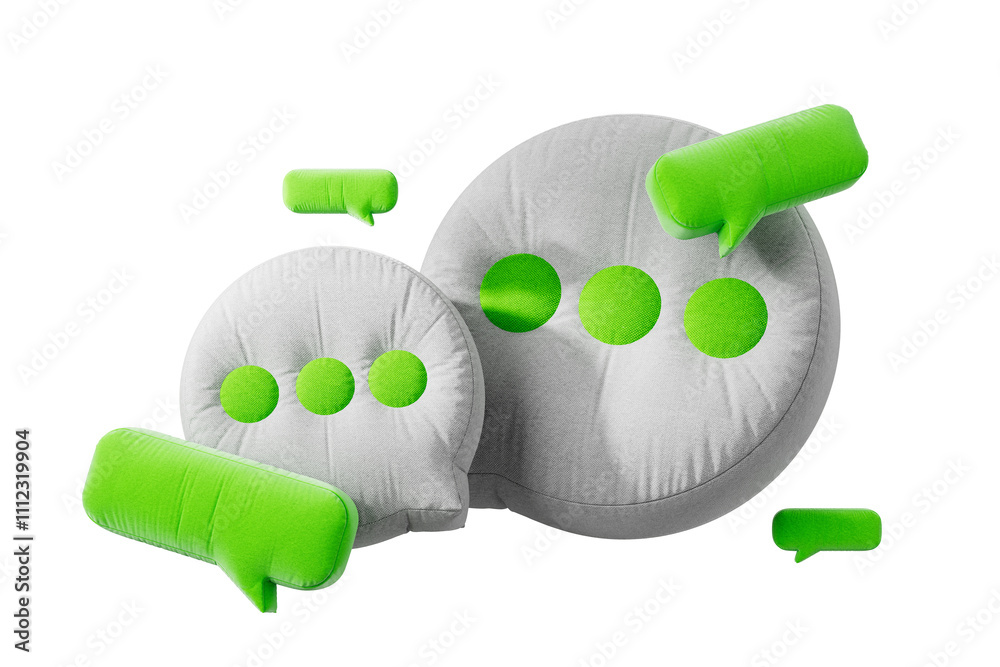 Poster green and gray 3d-rendered speech bubble icons with a soft, cushion-like texture on a white backgrou