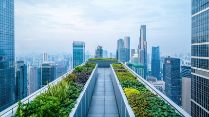 Obraz premium Modern rooftop garden with greenery and city skyline view under cloudy sky