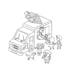 Naklejka premium Ice cream truck with kids and a dog enjoying treats illustration