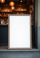 The blank white paper poster mockup displayed outside the restaurant building serves as a marketing and business concept