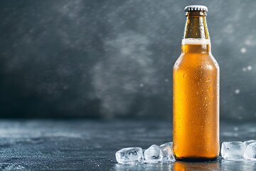 A cold bottle of beer with ice cubes on the table the background is dark gray and misty 