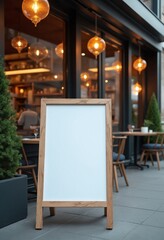 The blank white paper poster mockup displayed outside the restaurant building serves as a marketing and business concept
