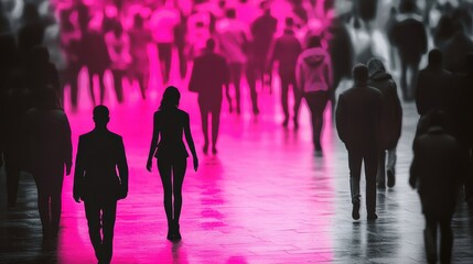 Pink silhouette of couple standing in monochrome crowd of different people,surreal unique and different concept,loneliness in society,shadow,freedom,Love,be yourself,Stand out from the crowd.