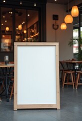 The blank white paper poster mockup displayed outside the restaurant building serves as a marketing and business concept