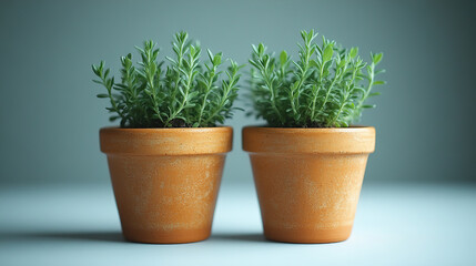 Fototapeta premium Green herbs growing in clay pots on a simple table against a light background. Generative AI