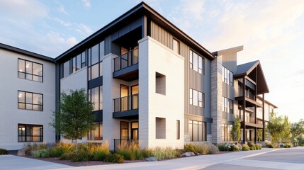 leasing financing monthly concept, A modern apartment building featuring a sleek design, large windows, and balconies, surrounded by greenery and a clear blue sky.