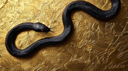 Obraz premium Black Snake on Shimmering Gold Textured Background