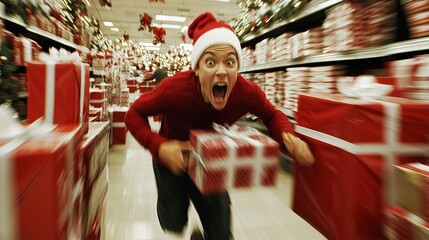Frantic shopper with santa hat racing through aisles, clutching gift boxes, symbolizing holiday consumerism frenzy.