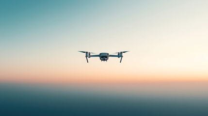 Obraz premium A drone with four propellers flying in the sky during sunset with a gradient background of blue and orange hues.