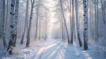 Naklejka premium Winter Wonderland in a Snow-Covered Birch Forest