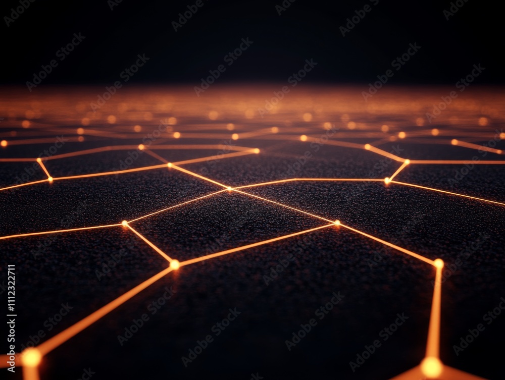 Poster Dark background features glowing orange lines and geometric shapes, symbolizing a futuristic digital network with glowing nodes for various creative applications