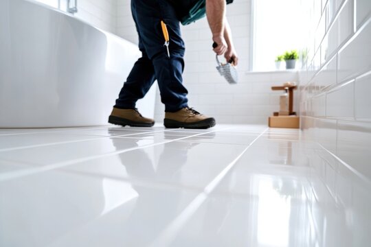 Construction worker cleaning grouting white tiles in modern bathroom