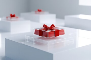Fototapeta premium Red gift box on acrylic table in minimalist white background