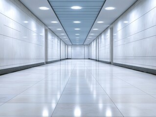 Fototapeta premium Brightly lit hallway features white walls and a blue ceiling, designed with geometric patterns, creating a modern, futuristic atmosphere perfect for commercial settings