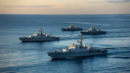 Naval patrol boats cruising through the open sea, maintaining security and vigilance in international waters, symbolizing maritime defense and global cooperation.