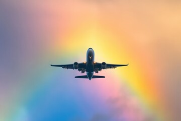 Obraz premium Airplane passing under a vibrant rainbow in the sky