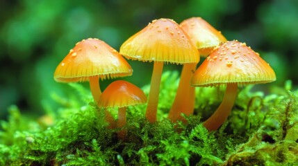 Fototapeta premium Orange Mushrooms Growing In Lush Green Moss