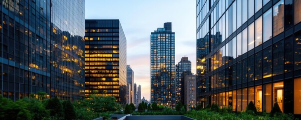 Modern city skyline with illuminated skyscrapers at sunset.