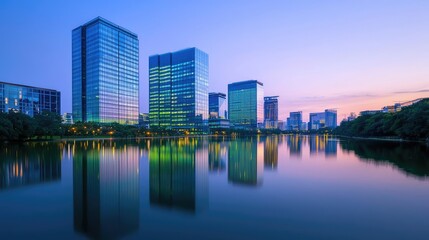 Fototapeta premium Modern skyline reflect on water during twilight, showcasing urban architecture.