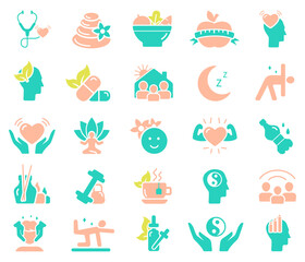 Set of line icons related to wellness, wellbeing, mental health, healthcare, spa, medical. Outline icon collection. Vector flat icons