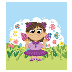 Girl enjoying two ice creams in a flowery meadow illustration