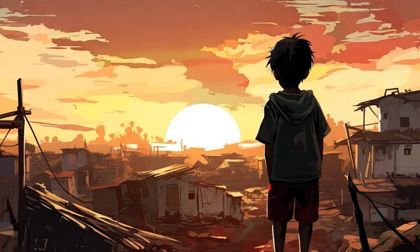 child in favela at sunset illustrated animation
