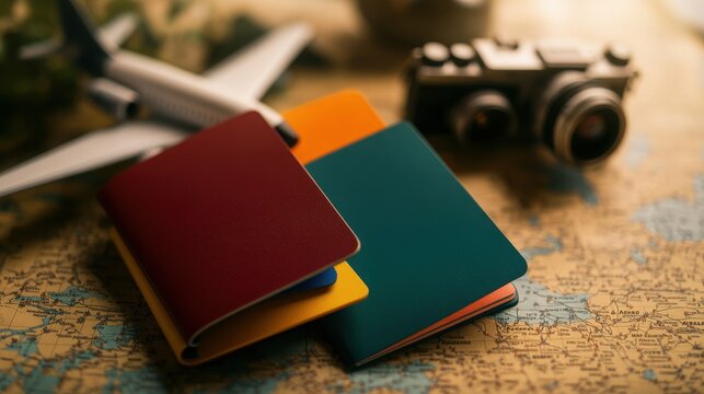 A vibrant collection of travel passports and a vintage camera on a world map, ideal for wanderlust and adventure themes.