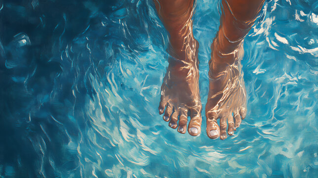 Feet in pool of water. Feet in water. Legs of a person in water. 