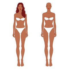 Eight-head fashion figure template. The female fashion croquis. Vector illustration of a young woman wearing lingerie, isolated on a white background. 