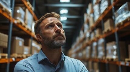 Warehouse Worker Contemplating Inventory Management Strategy