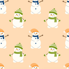 Christmas seamless pattern with a cute snowman in a hat and scarf. Vector winter background. Perfect for textiles, wallpaper or holiday design.