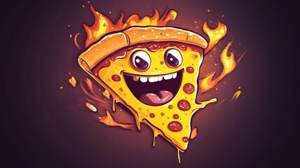 Fototapeta premium A cheerful cartoon pizza slice with a big smile, surrounded by flames, conveying excitement.