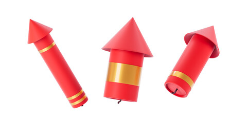 Three red and gold fireworks rockets isolated, arranged on a white background, showcasing a celebration concept for New Year's festivities. 3D Rendering.
