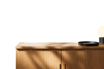 Wooden cabinet with atray and stylish lamp on its surface, isolated on a white background. Sunlight casts soft shadows. Concept of interior design. 3D Rendering.