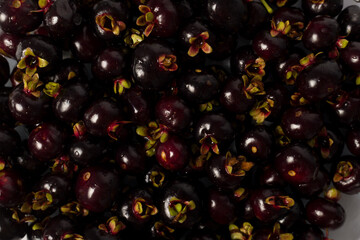 transparent bowl full of Brazilian fruit Grumixama on a white background