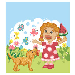 Girl with watermelon as a dog watches in a meadow illustration