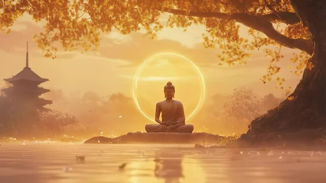 Serene Buddha or Siddhartha Gautama figure sitting under the Bodhi tree in the lotus position, surrounded by a glowing golden aura. The concept of faith in Buddhism.